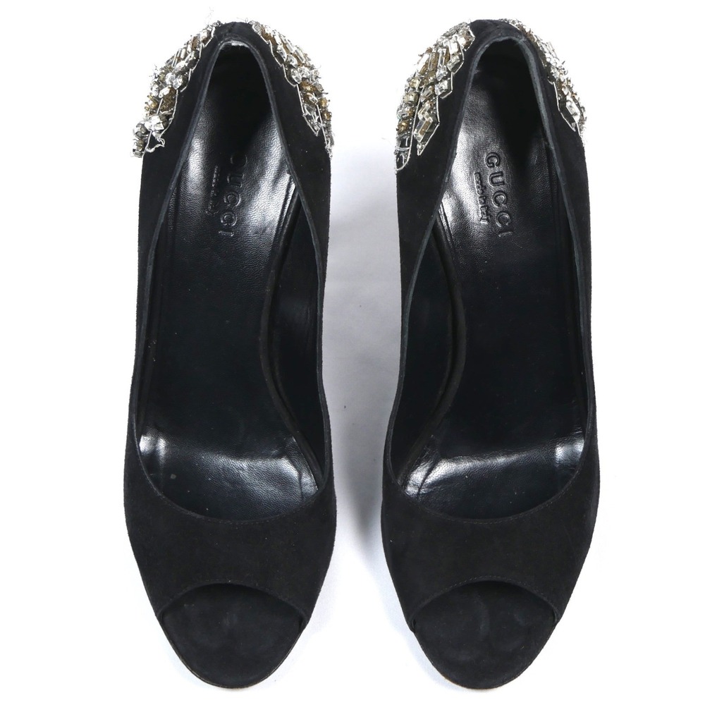 Gucci Black Suede Crystal Embellished Peep Toe Pumps 186938 C2000 7B - Picture 4 of 15